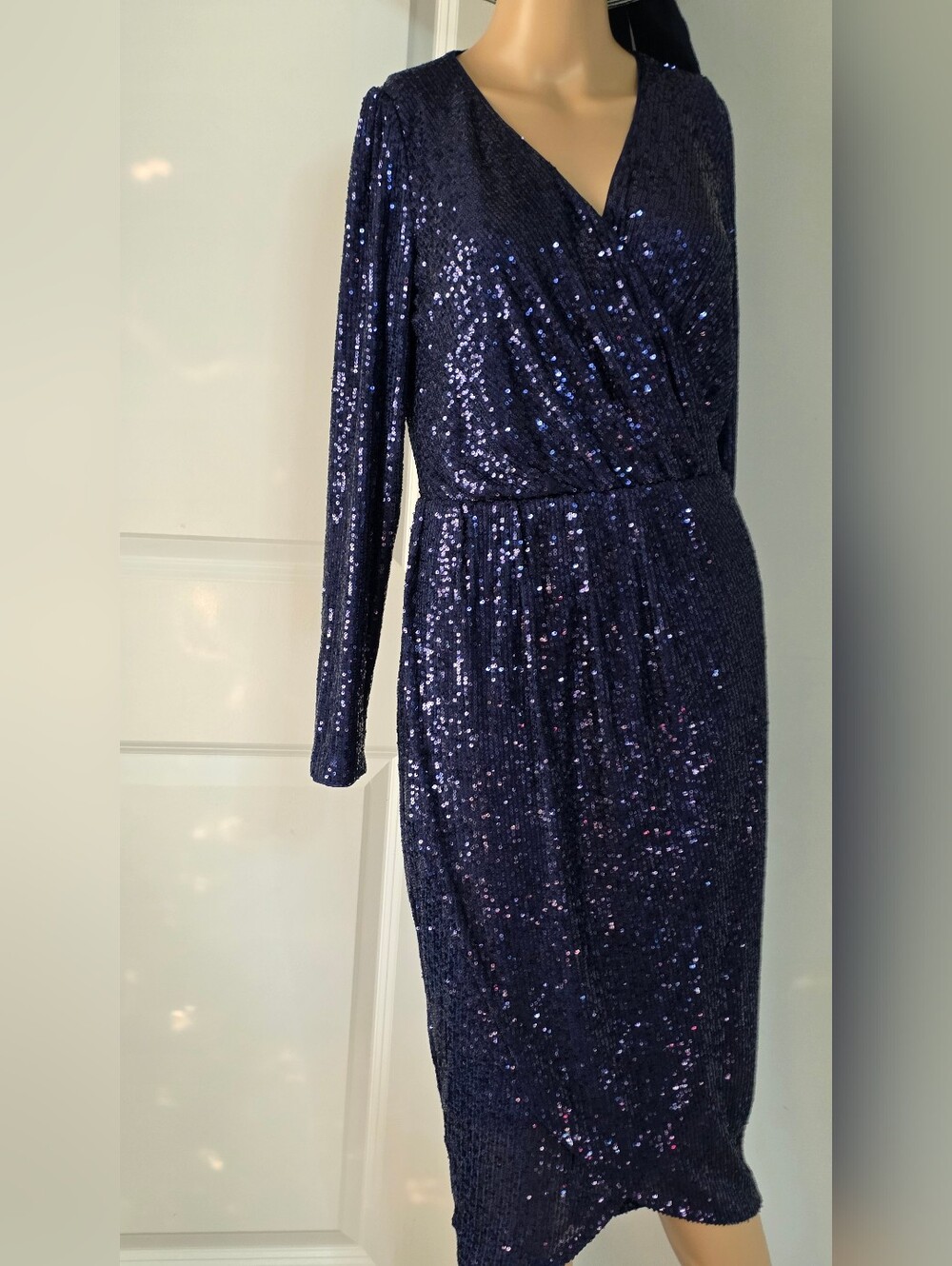 Isaac Mizarahi Live Always Isaac Navy Blue Sequin Wrap Dress XXS Gorgeous! - Picture 7 of 16
